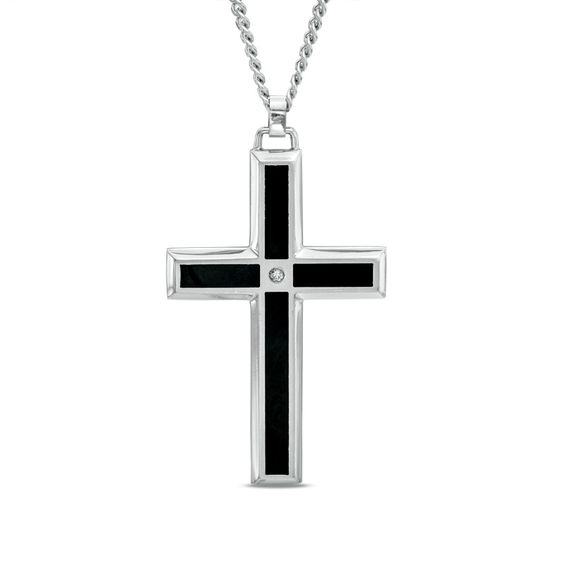 Men's Diamond Accent Black Enameled Cross Pendant in Stainless Steel 24" Mens Necklaces