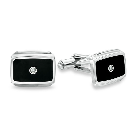 Men's Diamond Accent Black Enameled Cuff Links in Stainless Steel