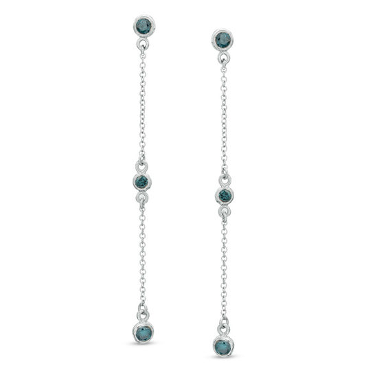 1/2 CT. T.W. Enhanced Blue Diamond Three Stone Dangle Drop Earrings in