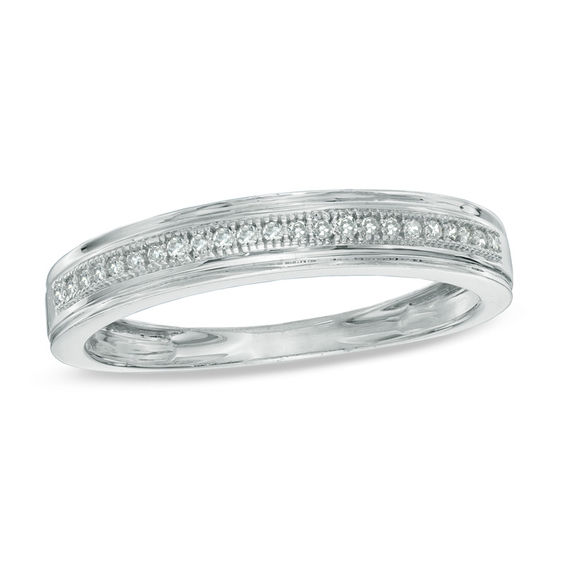 Ladies 10K White Gold One Row Genuine Round Cut Diamond Wedding Band Ring 0.10ct 