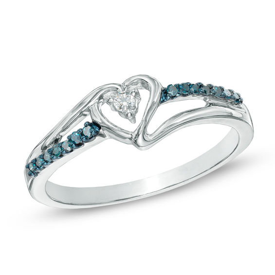 Sterling Silver Round Blue Diamond Small Simple Heart Ring 0.11 Cttw