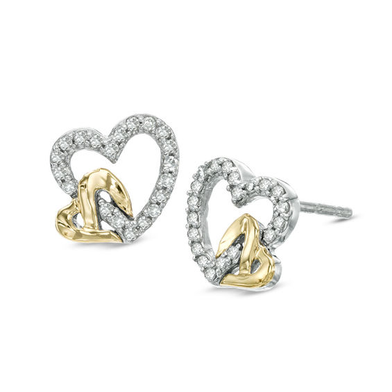 1/10 CT. T.W. Diamond Double Heart Earrings in Sterling Silver and 14K
