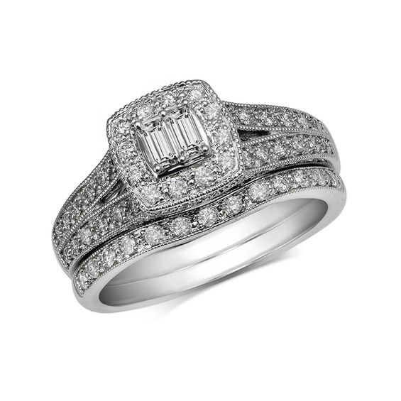 1 2 Ct T W Baguette Diamond Square Frame Vintage Style Bridal Set T W Baguette Diamond Square Frame Vintage Style Bridal Set In