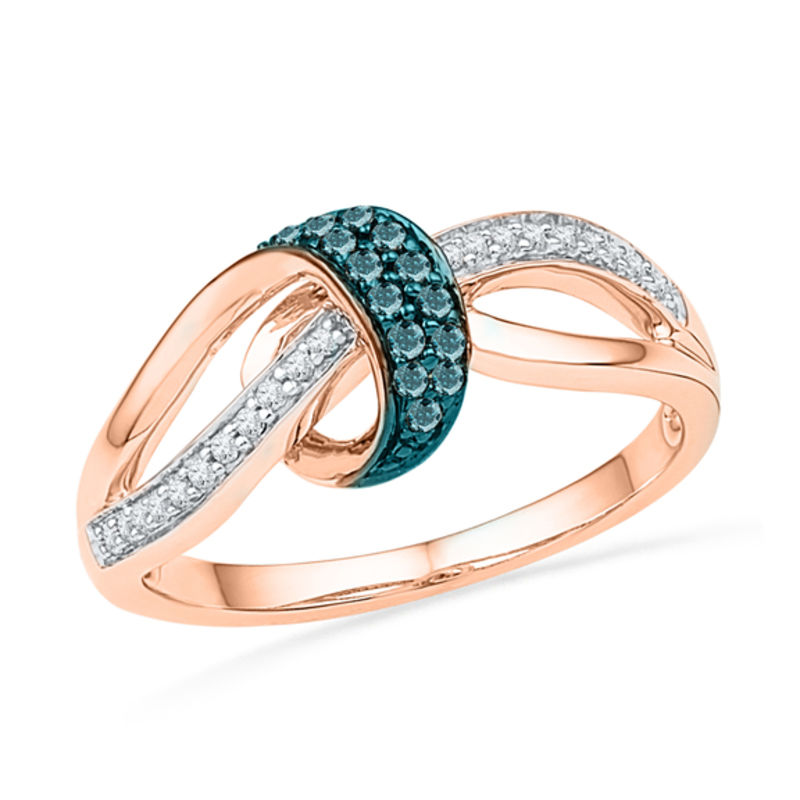 1/6 CT. T.W. Enhanced Blue and White Diamond Loose Knot Ring in 10K Rose Gold