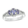 Thumbnail Image 0 of Oval Tanzanite and Diamond Accent Three Stone Frame Ring in Sterling Silver