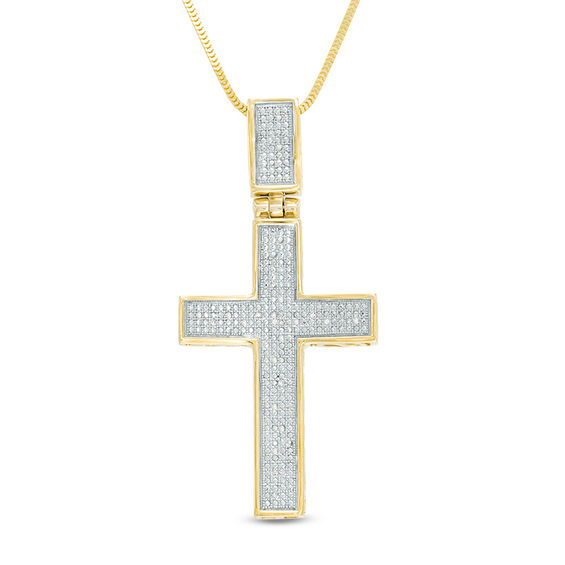 Men S 1 10 Ct T W Diamond Cross Pendant In Sterling Silver With T W Diamond Cross Pendant In Sterling Silver With 14k Gold