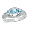 Thumbnail Image 0 of Princess-Cut Blue Topaz and Diamond Accent Three Stone Swirl Promise Ring in Sterling Silver