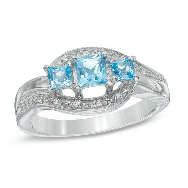 Princess-Cut Blue Topaz and Diamond Accent Three Stone Swirl Promise Ring in Sterling Silver