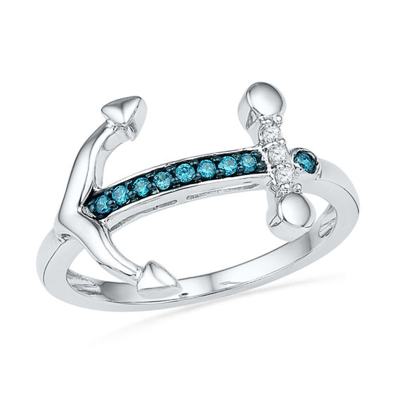 1/10 CT. T.W. Enhanced Blue and White Diamond Sideways Anchor Ring in
