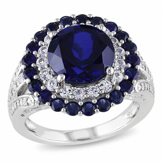 10.0mm LabCreated Blue and White Sapphire and 1/20 CT. T.W. Diamond Ring in Sterling Silver