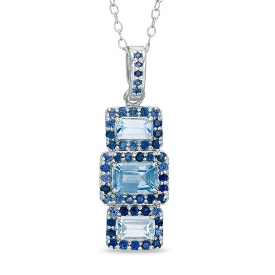 Emerald Cut Lab Created Aquamarine And Blue Sapphire Stud Three Emerald Cut Lab Created Aquamarine And Blue Sapphire Stud Three Stone Pendant In Sterling Silver
