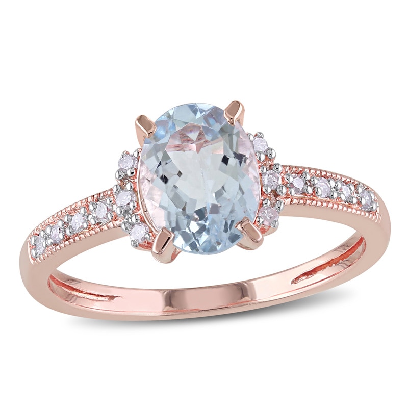 Oval Aquamarine and 1/15 CT. T.W. Diamond Ring in Rose Rhodium Sterling Silver