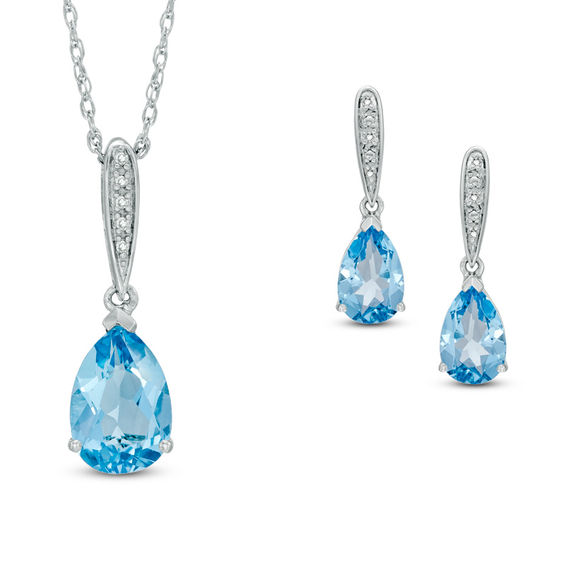 PearShaped Blue Topaz and Diamond Accent Pendant and Drop Earrings Set