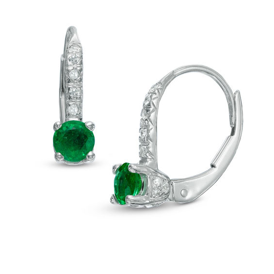 4 0mm Emerald And 1 10 Ct T W Diamond Drop Earrings In 14k White 4 0mm Emerald And 1 10 Ct T W Diamond Drop Earrings In 14k White