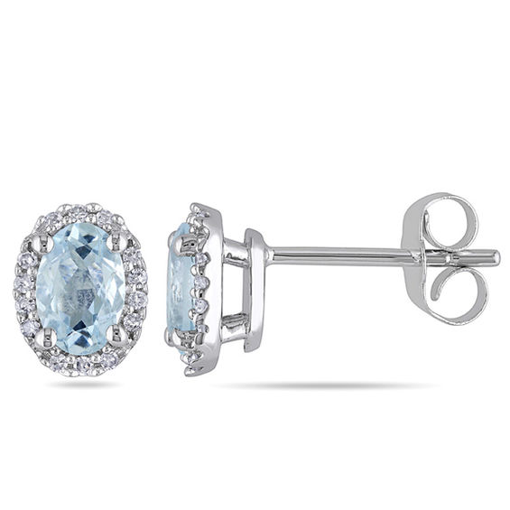 Oval Aquamarine and Diamond Accent Frame Stud Earrings in 10K White
