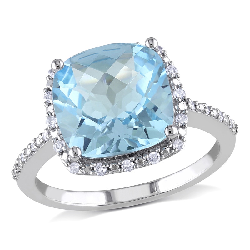 10.0mm Cushion-Cut Blue Topaz and 1/10 CT. T.W. Diamond Ring in 10K White Gold