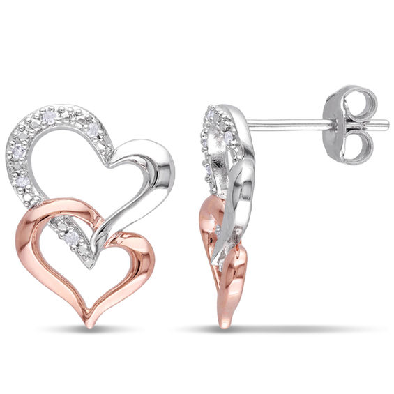 Diamond Accent Double Heart Drop Earrings in TwoTone Sterling Silver