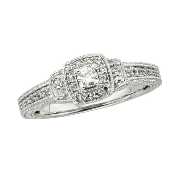 1/4 CT. T.W. Diamond Frame VintageStyle Promise Ring in 10K White Gold Promise Rings