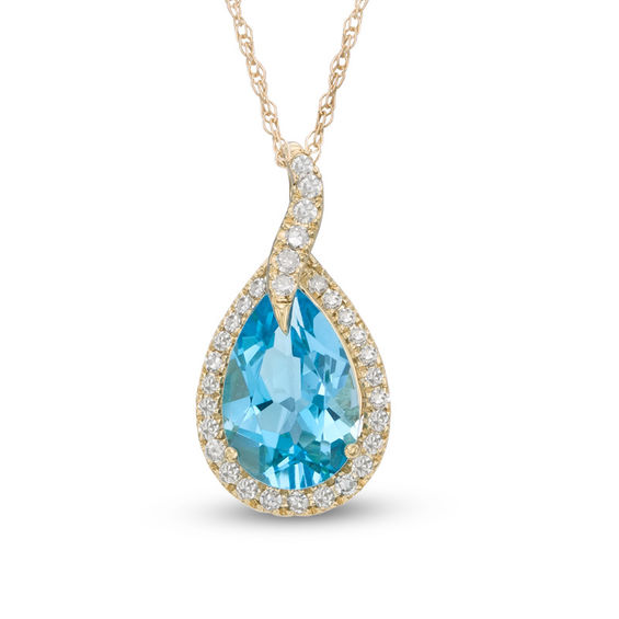 PearShaped Blue Topaz and 1/10 CT. T.W. Diamond Pendant in 10K Gold