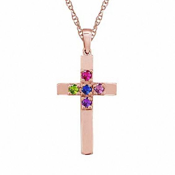 Mother's Simulated Birthstone Cross Pendant in 10K Gold (17 Stones) Cross Necklaces