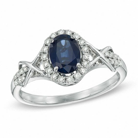 Oval Blue Sapphire and 1/4 CT. T.W. Diamond Ring in Sterling Silver