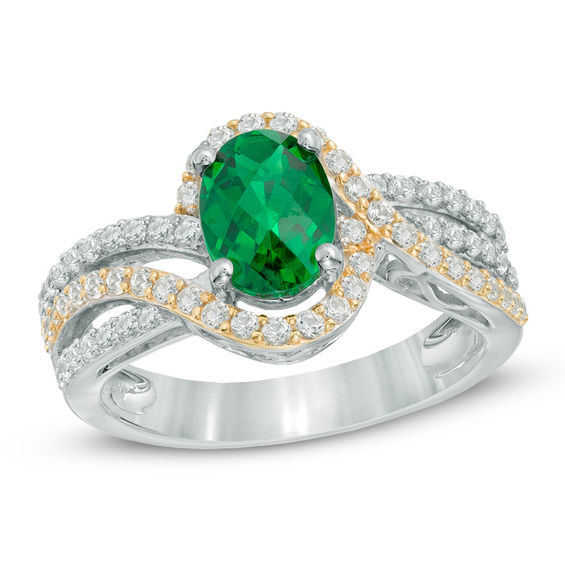 Oval LabCreated Emerald and White Sapphire Swirl Engagement Ring in TwoTone Sterling Silver