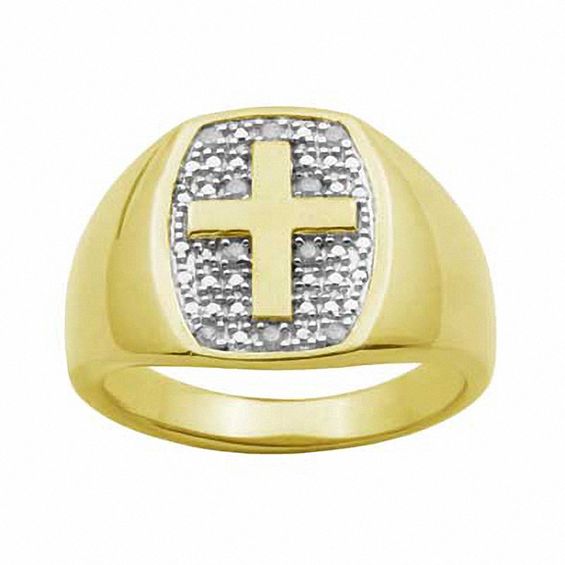 Men's 1/10 CT. T.W. Diamond Cross Ring in Sterling Silver with 18K Gold