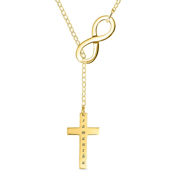 Infinity Cross Lariat Necklace in Sterling Silver with 24K Gold Plate (10 Characters) Name