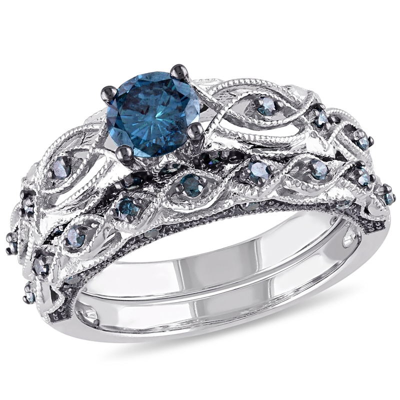 1 CT. T.W. Blue Diamond Vintage-Style Bridal Set in 10K White Gold