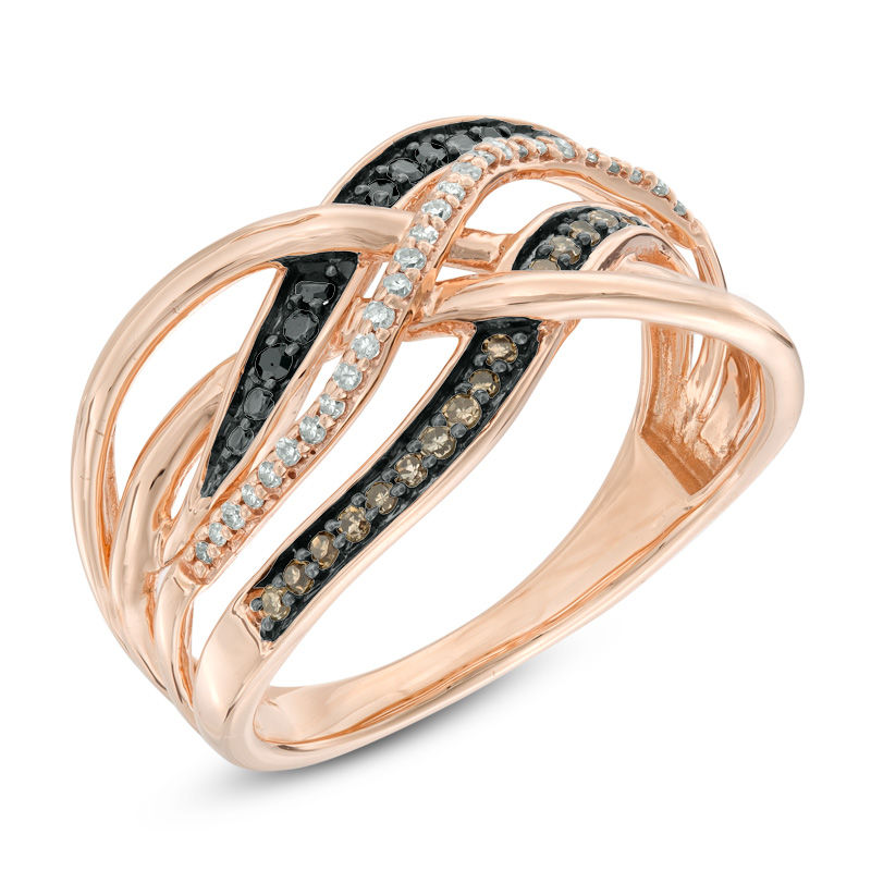 1/5 CT. T.W. Enhanced Black, Champagne and White Diamond Layered Crossover Ring in 10K Rose Gold
