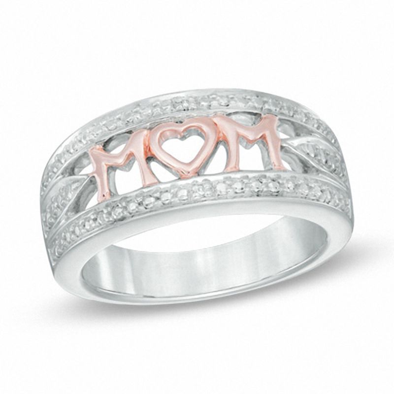 Diamond Accent Beaded "MOM" Ring in Sterling Silver and 10K Rose Gold