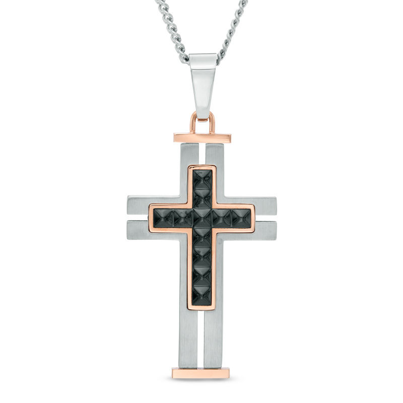 Men's Textured Cross Pendant in TriTone Stainless Steel 24" Mens