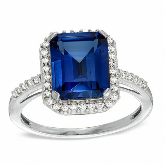 EmeraldCut LabCreated Blue Sapphire and 1/5 CT. T.W. Diamond Ring in