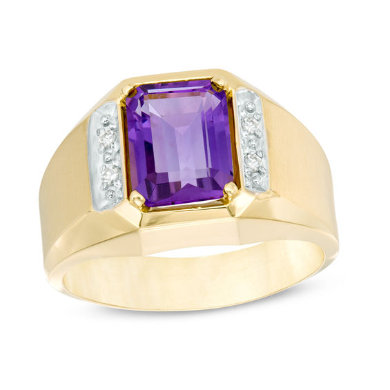 Men's Octagonal Amethyst and Diamond Accent Ring in 10K Gold Amethyst