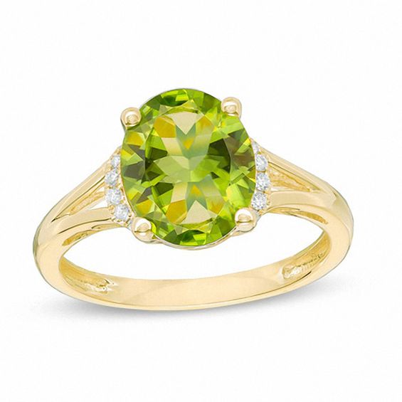 Oval Peridot and Diamond Accent Split Shank Ring in 10K Gold Oval