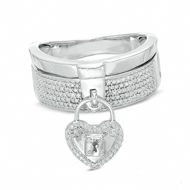 Forever Locking Love™ 1/10 CT. T.W. Diamond Stacked Heart Lock Ring in Sterling Silver