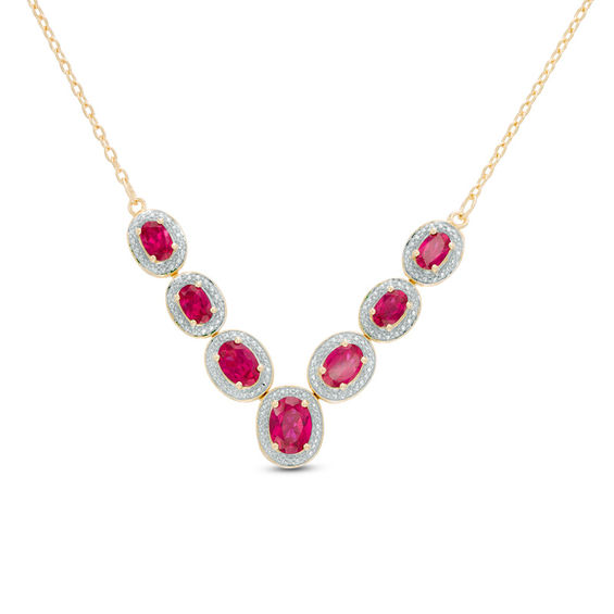 Oval LabCreated Ruby and Diamond Accent Frame Chevron Necklace in