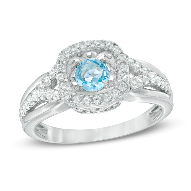 4.5mm Swiss Blue Topaz and Lab-Created White Sapphire Frame Ring in Sterling Silver