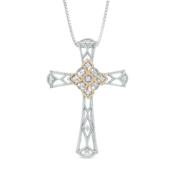 1 10 Ct T W Diamond Vintage Style Cross Pendant In Sterling Silver T W Diamond Vintage Style Cross Pendant In Sterling Silver And