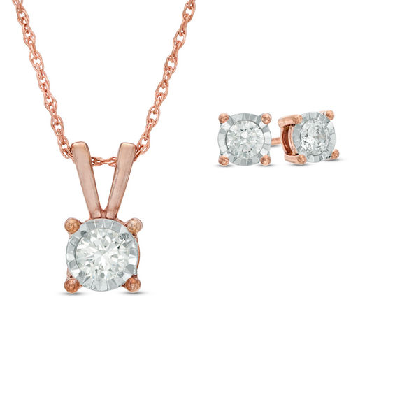 1 Ct T W Diamond Solitaire Pendant And Earrings Set In 10k Rose T W Diamond Solitaire Pendant And Earrings Set In 10k Rose Gold