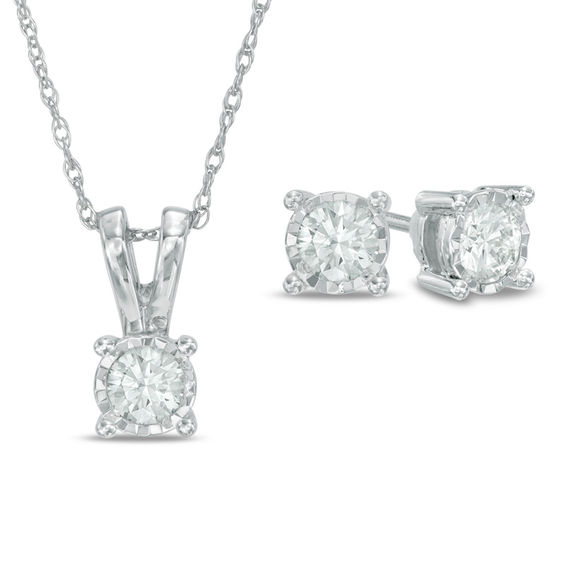 1 2 Ct T W Diamond Solitaire Pendant And Earrings Set In 10k White T W Diamond Solitaire Pendant And Earrings Set In 10k White Gold