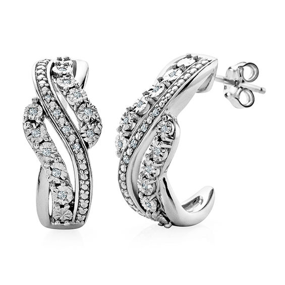 Diamond Accent Swirl J Hoop Earrings In Sterling Silver Diamond Accent Swirl J Hoop Earrings In Sterling Silver