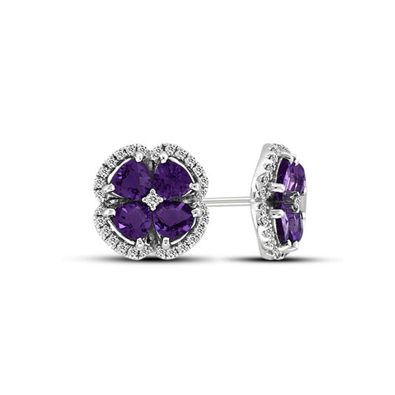 TrillionCut Amethyst and 1/4 CT. T.W. Diamond Clover Stud Earrings in