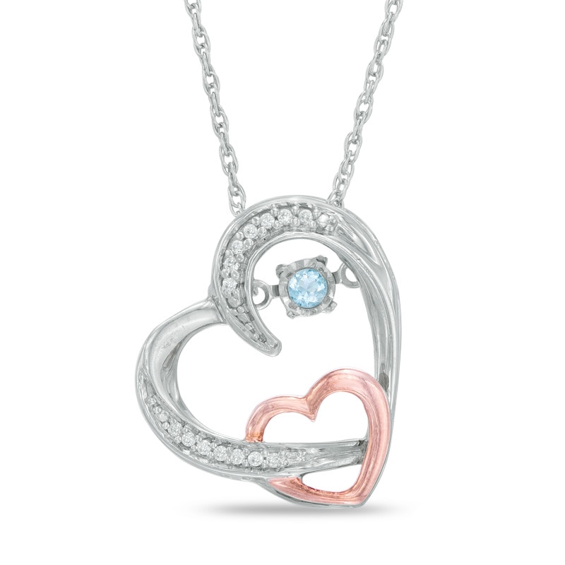 Blue Topaz and Diamond Accent Double Heart Pendant in Sterling Silver and 10K Rose Gold