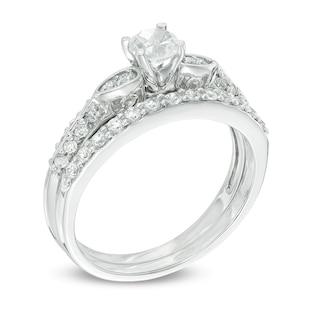 4.0mm Lab-Created White Sapphire and 1/5 CT. T.W. Diamond Bridal Set in ...