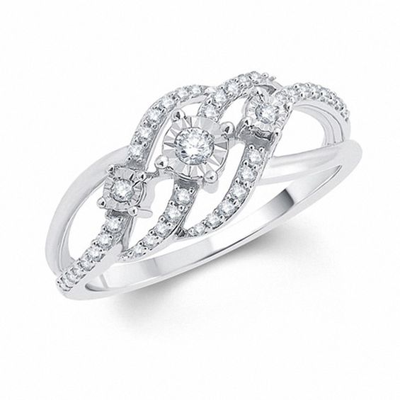 1/4 CT. T.W. Diamond Three Stone Open Wave Ring in 10K White Gold