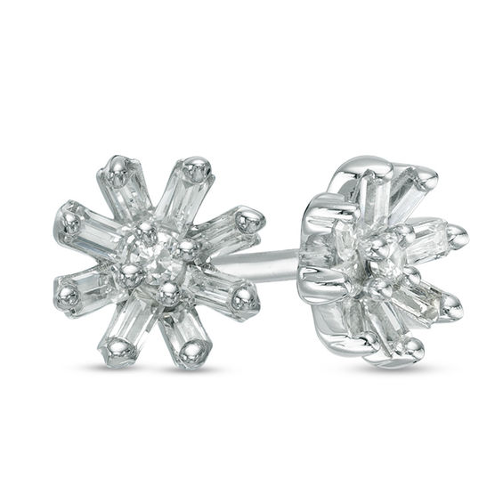 1 4 Ct T W Baguette And Round Diamond Snowflake Stud Earrings In T W Baguette And Round Diamond Snowflake Stud Earrings In 10k White