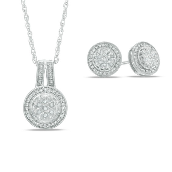 1 15 Ct T W Diamond Frame Pendant And Stud Earrings Set In T W Diamond Frame Pendant And Stud Earrings Set In Sterling Silver