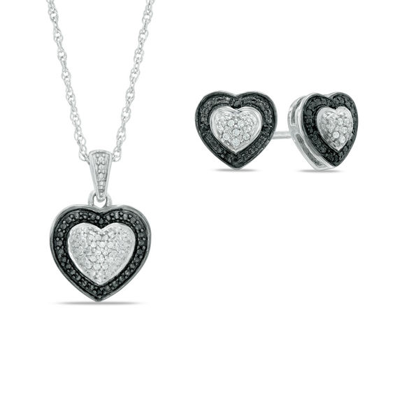 .25CT TwoBirch Silver Gorgeous Heart Shaped Pendant Chain Charm Set Black White CZ Black White CZ .25CT