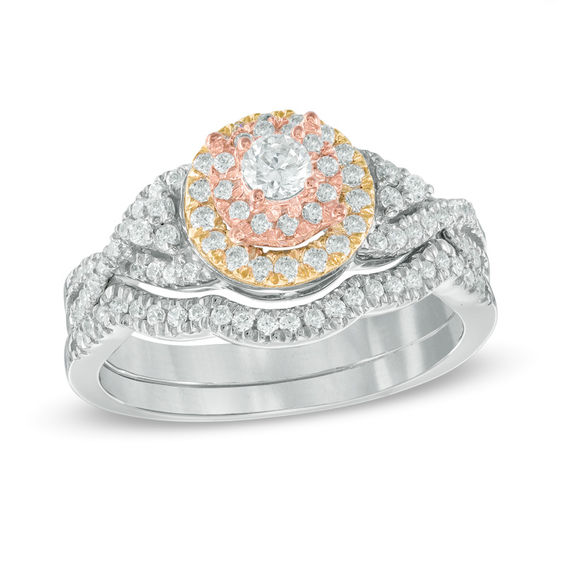 5 8 Ct T W Diamond Layered Frame Twist Bridal Set In 10k Tri Tone T W Diamond Layered Frame Twist Bridal Set In 10k Tri